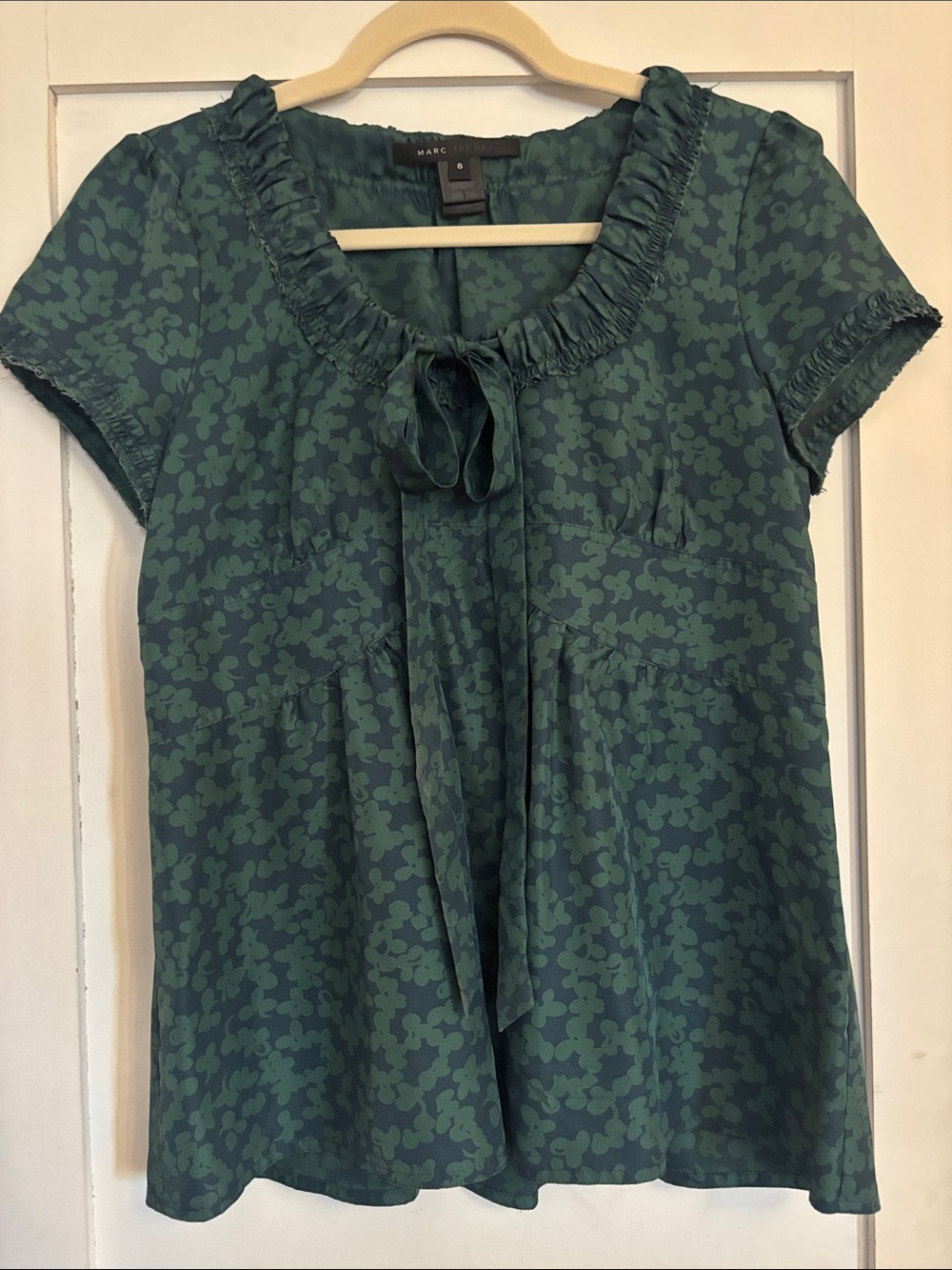 Marc Jacobs Dark Blue & Green Floral Tie-Neck Short Sleeve Silk Blouse